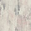Abstract painted wall showing vertical streaks and distressed blotches in muted blush, gray-blue, and off-white, set against a subtle ribbed texture suggesting weathered plaster or wallpaper.
