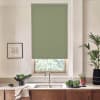Green roller blind covers a window above a stainless-steel sink; chrome faucet, wooden cabinets, a bowl of leafy vegetables, potted plants and framed sketch on a bright kitchen countertop.