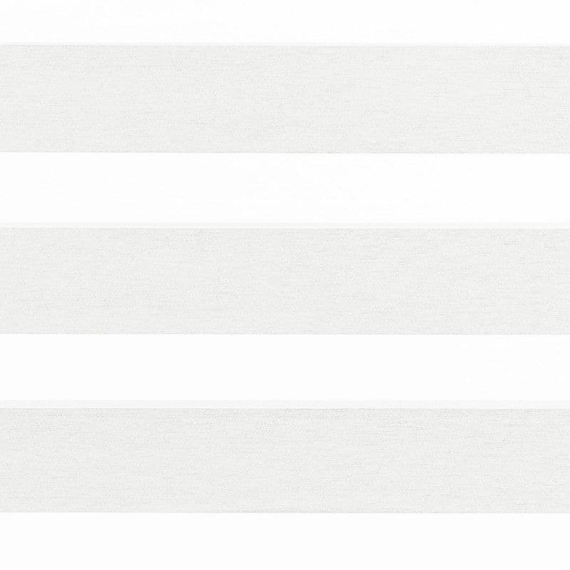 Roller zebra blinds—lowered, alternating textured light-gray opaque and translucent white horizontal bands—partially diffuse and filter daylight; close-up view suggesting a bright, minimal interior window.
