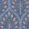 Repeated stylized leaf-and-stem motif forms vertical branching sprays with small bead-like berries, arranged within overlapping arched panels on a textured mid-blue background, printed on fabric.