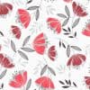 Repeating floral fabric/wallpaper with stylized red and gray blossoms and linear black-and-gray leaves, printed across the surface, on a flat white background with even lighting.