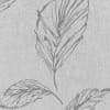Large stylized feathers lie printed across a textured linen-like gray fabric background, thin dark-gray ink strokes forming central veins and fine barbs, some partial feather edges visible.