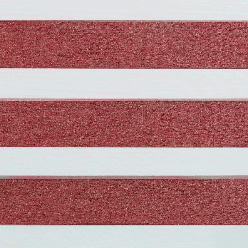 Horizontal dual‑fabric blinds with wide maroon textured opaque bands alternating with translucent white bands; positioned lowered, blocking and diffusing light in an interior setting with no visible view.