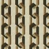 Geometric chain-patterned wallpaper, vertical linked octagonal bands in brown, tan and black; repeating columns form an interlocking motif across a beige background, shown flat under even light.