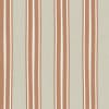 Striped fabric repeats evenly spaced vertical rust-colored bands flanked by narrow white lines on a textured beige linen background.