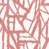 Abstract coral-red geometric lattice with ragged edges and thin vertical pinstripes printed across a white textured wallpaper, repeating flatly in a close-up, evenly lit sample.