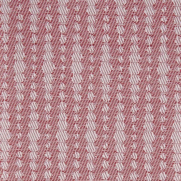 Woven red-and-white fabric with repeating diagonal herringbone stripes — tightly woven, textured surface — flat close-up, evenly lit, no visible surroundings.