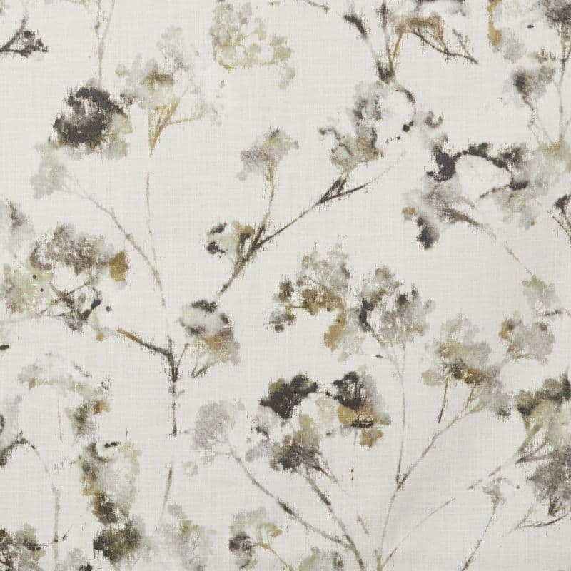 Light linen fabric with watercolor-style floral sprigs in muted olive, gray and black; pattern scattered across the surface, printed close-up, suggesting wallpaper or upholstery in soft, neutral lighting.