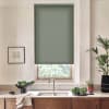 A green embossed roller blind hangs lowered over a window above a stainless sink; a faucet, wooden cabinets, bowls of leafy greens and potted plants sit on the countertop.