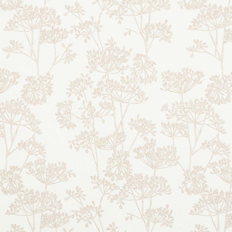 Wallpaper with delicate beige botanical line drawings repeating across a cream background, shown as a close-up of a neutral interior surface offering a soft, airy decor context.