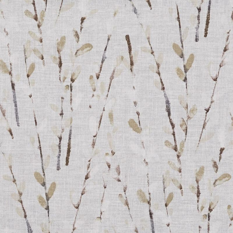 Linen-like fabric or wallpaper with vertical, painterly brown and beige twig-and-leaf brushstrokes; repeating printed pattern covers the surface, suggesting neutral, softly lit interior décor.