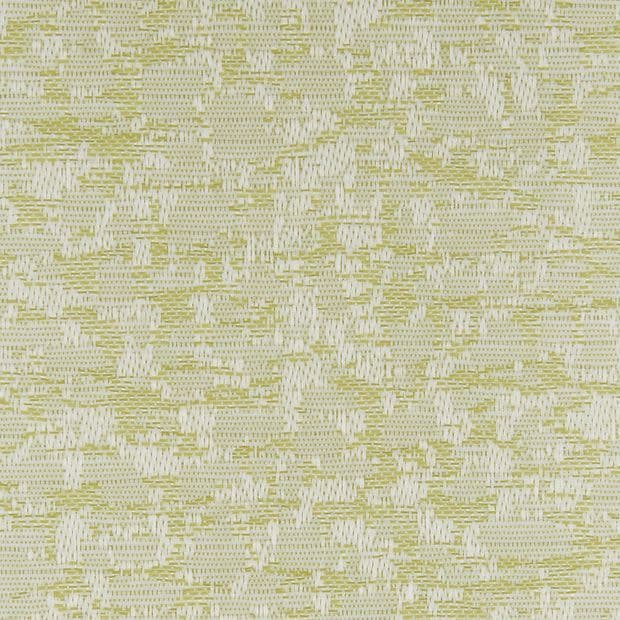 Woven fabric swatch—pale yellow-green and off-white—showing an irregular abstract pattern and subtle raised texture; presented close-up under even, neutral lighting with no surroundings.