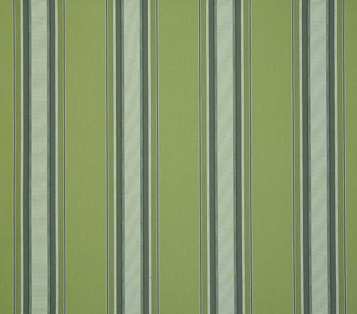 Vertical striped wallpaper with alternating light and darker sage-green bands and thin pale-blue and white lines — running continuously — covering an interior wall with subtle fabric texture under even, diffuse lighting.