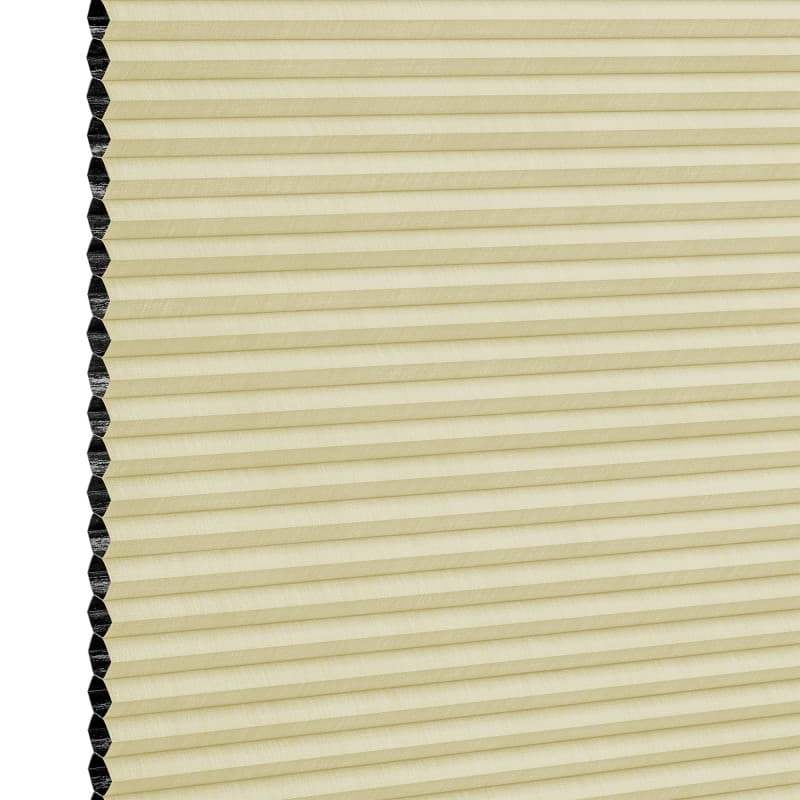 Cellular (honeycomb) window shade, lowered and closed—beige pleated fabric with visible black hexagonal cell edges at left—softly filtering light, shown against a plain white background.