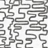 Thick, distressed black meandering ribbon-like stripes repeating vertically across the surface; forming a connected, maze-like pattern on a coarse white, linen-textured background in high contrast.