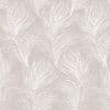White stylized feather motifs repeating in vertical rows, printed across a beige, linen-textured surface, forming a soft, neutral wallpaper or fabric pattern under even, flat lighting.