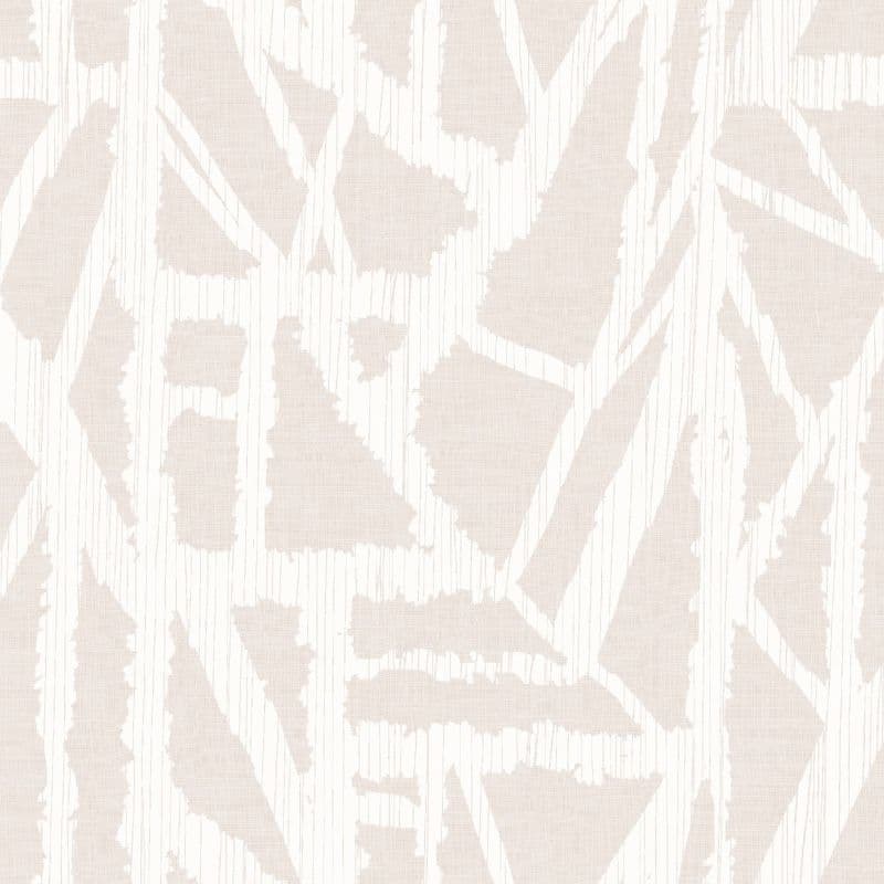 Large-scale beige-and-white abstract patterned wallpaper with brushstroke and pinstripe texture; repeating across a flat surface, providing a neutral, softly lit decorative background.