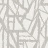 Beige-gray jagged geometric print on off-white textured fabric (wallpaper), repeating across the surface; flat, evenly lit close-up showing overlapping vertical and diagonal bands.