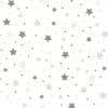 Scattered five-point stars and small dots in light gray and charcoal across a white background, repeating decorative pattern on a flat surface (wallpaper or fabric); evenly lit, neutral nursery motif.