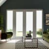 French glass doors remain closed, admitting bright daylight into a living room furnished with green upholstered chairs, a glass coffee table on a black-and-white chevron rug, and potted plants.