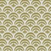 Art-deco fan motifs repeat in staggered rows, each fan composed of concentric olive-green semicircles with a small central dot, forming a regular scalloped wallpaper across a light beige background.