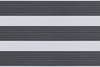 Dual-layer horizontal zebra roller blind mounted across the frame, aligned into alternating wide opaque white bands and narrow ribbed dark-gray slats, partially filtering light; interior close-up with soft even lighting.