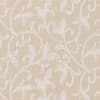 Beige textured fabric with repeating white stylized leaf-and-vine motifs curling across the surface, forming a subtle, evenly spaced decorative pattern.