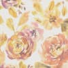 Watercolor roses and peony-like blooms spread across a pale textured background, warm yellow, peach and pink petals blending with leafy stems and small buds in a loose painterly pattern.