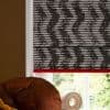 Roman shade with gray-and-white abstract horizontal pattern and red fringe trim, lowered over window and filtering daylight; living-room corner with brown leather chair arm, carved finial and leafy exterior view.