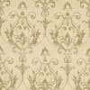 Beige damask wallpaper covering a wall, repeating ornate scrolling floral motifs in distressed gold; pattern appears flat in a close-up view, warm neutral tones suggesting a traditional interior.