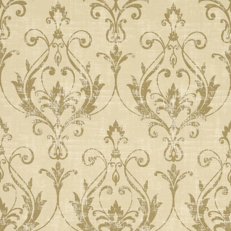 Beige damask wallpaper covering a wall, repeating ornate scrolling floral motifs in distressed gold; pattern appears flat in a close-up view, warm neutral tones suggesting a traditional interior.