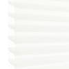 White pleated cellular blind with scalloped left edge, lowered and filtering soft daylight; occupies most of the frame, suggesting a bright interior with diffused light and no visible outside view.
