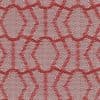Woven fabric featuring repeating red geometric oval-and-hexagon motifs; lying flat and showing textured woven holes; close-up view with even lighting, suggesting upholstery or wallpaper.