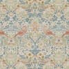 Wallpaper fabric patterned with stylized birds, tulips, and foliage repeats symmetrically across the surface in soft pastel greens, blues, and peaches, evoking a vintage Arts-and-Crafts floral motif.