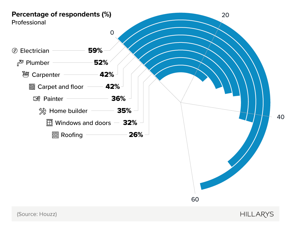 Circular bar chart showing the most popular professionals to hire for home renovation projects in the UK.